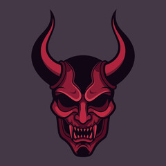 Stylized illustration of a demonic face with horns and sharp teeth.