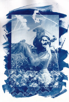Cyanotype portrait of woman with lace