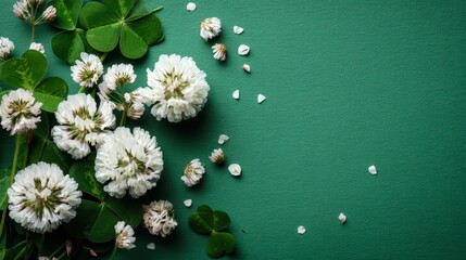 A beautiful arrangement of white flowers and green leaves is displayed on a green background. The flowers are delicate and the leaves are vibrant, creating a serene and calming atmosphere