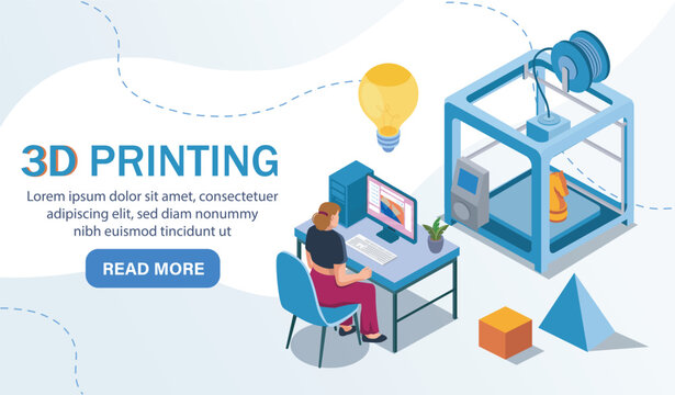 3d printing isometric banner. Polygraphy and printing service. Woman working at printer. Modern technologies and innovations. Landing webpage design. Volumetric vector illustration