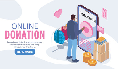 Online donation isometric poster. Man stands next to smartphone and box of money. Activist and volunteer. Charity and generosity. Landing page design. Volumetric vector illustration © Rudzhan