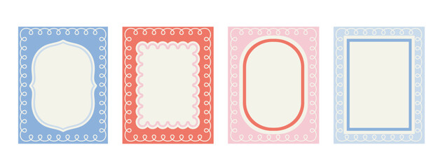 Invitations frames set. Oval and rectangular blue and pink dividers. Bundle of funky ornaments. Templates for greeting postcards. Flat vector collection isolated on white background © Rudzhan