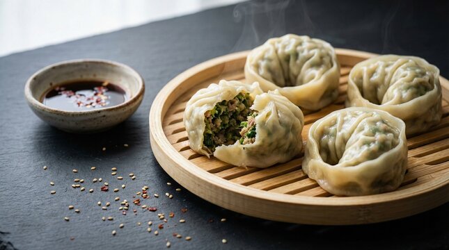Steamed Korean Mandu Dumplings with Soy Dipping Sauce