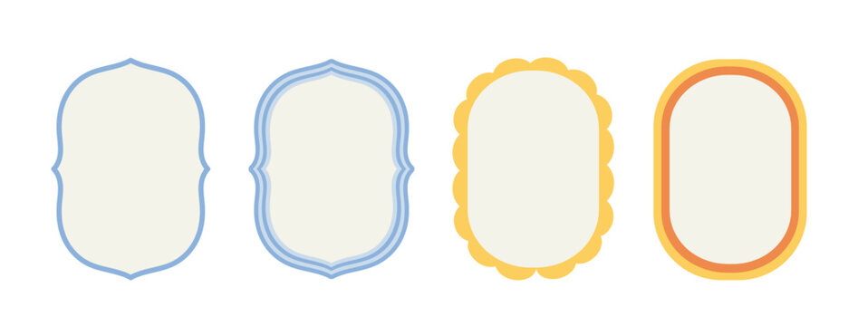 Invitations frames set. Oval yellow, blue and red dividers. Bundle of funky patterns and ornaments for anniversary holiday. Flat vector collection isolated on white background