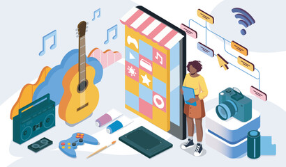 Isometric social calendar. Woman stands near smartphone, guitar, and joystick. Hobby tracking application. Planning and time management. Volumetric vector illustration © Rudzhan
