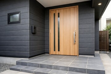 モダンな黒い外壁と温かみのある木目調の玄関ドアがおしゃれな新築一戸建ての住宅の外観