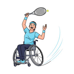 Animation style vector wheelchair tennis swing joyful Isolated on White background