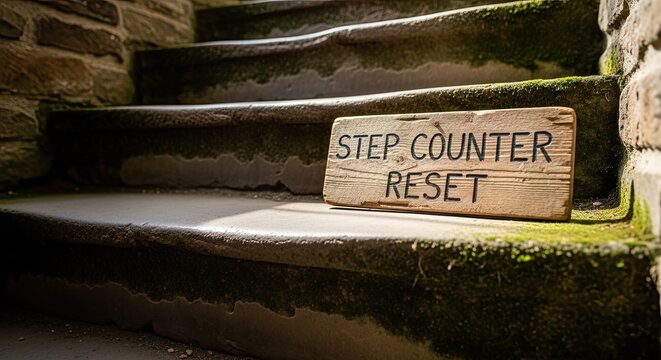 Mossy stone stairs with wooden step counter reset sign sunlight casting shadows