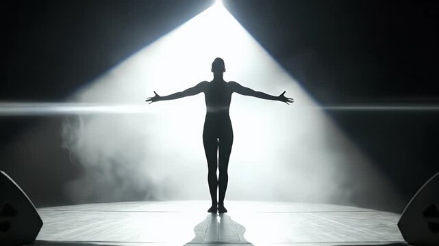 Graceful female dancer silhouette walking into stage spotlight for artistic performance concepts with dramatic fog