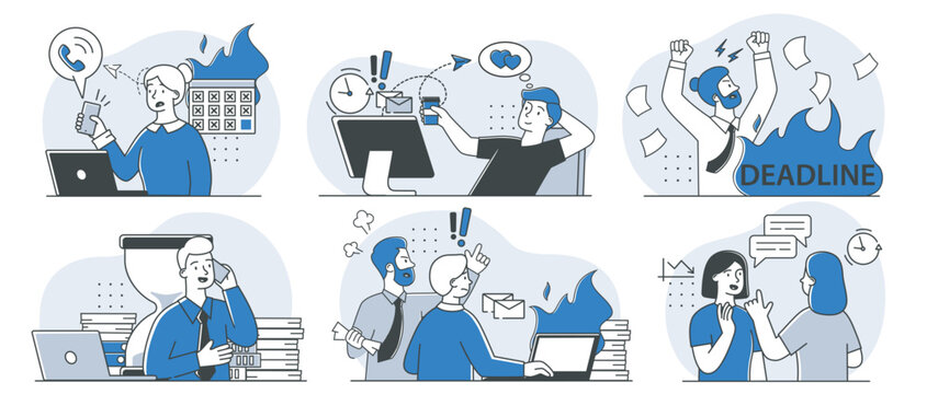 Deadline pressure scenes set. Men and women in office. Bad time management and inefficient workflow. Mental burnout and fatigue. Linear vector collection isolated on white background