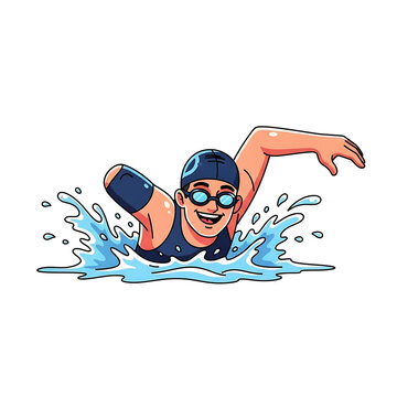 Animation style vector swimmer with limb difference racing cheerful Isolated on White background