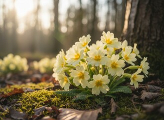 Delicate Pale Yellow Primrose Flowers With Water Droplets Bathed In Golden Morning Sunlight In A Forest Floor Setting