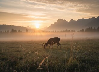Serene Sunrise Over Misty Meadow with Deer Grazing Amidst Mountains and Golden Sun Rays