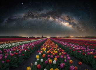Vast field of colorful blooming tulips under the Milky Way galaxy at night with distant city lights creating a magical landscape