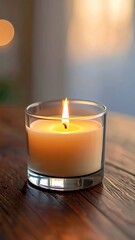 Warm Glow of a Lit Candle in a Glass Holder on a Wooden Table.