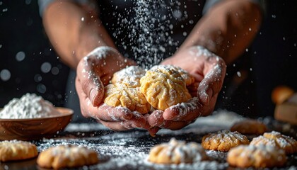 Hands dusting golden baked cookies with powdered sugar in a rustic kitchen setting with bokeh background