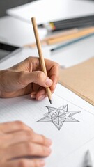 Close up of a hand sketching a geometric star design with a pencil on a white paper pad with colored pencils in the background
