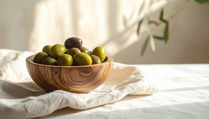 Close up shot of a wooden bowl filled with fresh green and black olives on a textured white cloth with soft natural light and blurred green foliage in the background.