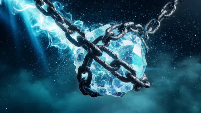 Glowing blue chain breaking with sparks and smoke.