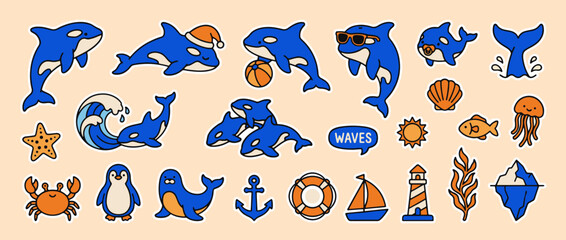 Playful Ocean Collection: a collection of vibrant and whimsical illustrations of marine animals, including orca whales, with waves and coastal elements. © Saiid-Designs