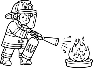 A cartoon child firefighter using a fire extinguisher on flames