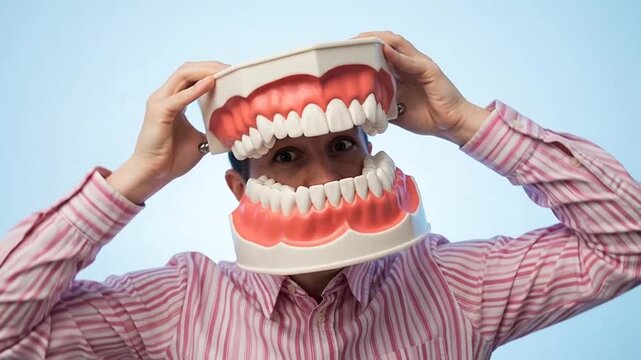 Humorous man holding giant plastic dentures over his face in a bright studio with a light blue background.