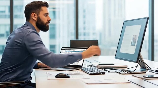 Focused businessman diligently working at a desk with a computer and calculator in a modern office environment.