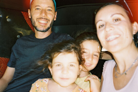 Happy traveler family selfie, rickshaw trip. Sri Lanka, film