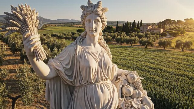 White marble statue of goddess Ceres holding wheat and fruit overlooking a scenic vineyard and olive grove. Ancient fertility and harvest concept footage. Italian countryside background.
