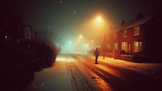 90s Retro Snowy UK Suburb Night Walk Under Streetlights