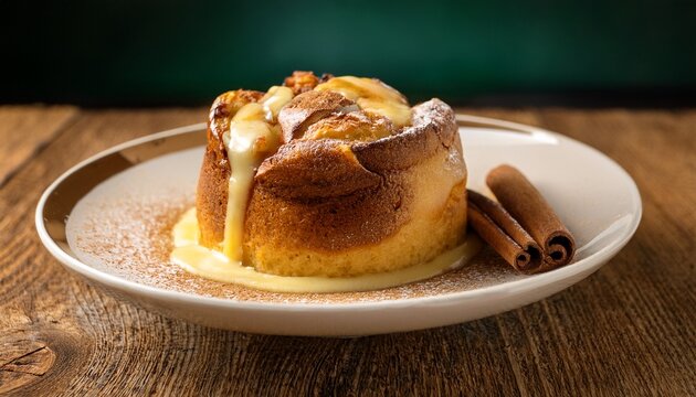 A Decadent Bread Pudding Topped With Warm Vanilla Custard And A Sprinkle Of Cinnamon