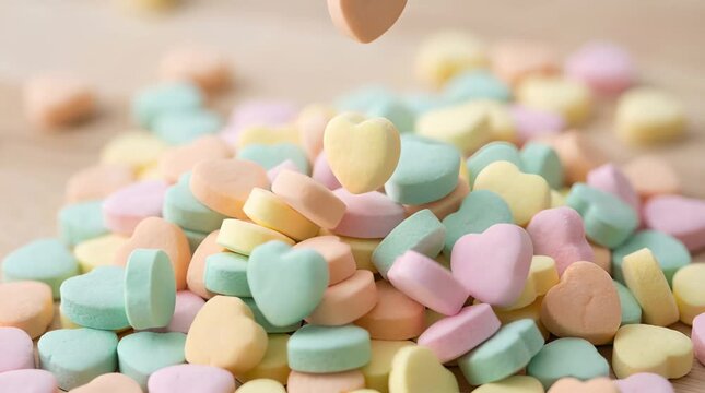 Pastel Heart Candy Piles on Light Wood Surface in Soft Natural Lighting Valentine's Day Celebration