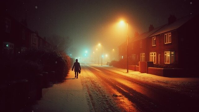 90s Retro Snowy UK Suburb Night Walk Under Streetlights