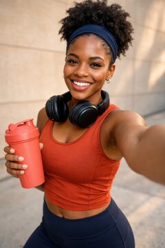 smiling athletic woman taking selfie after workout holding shaker bottle with headphones around neck outdoors. ugc fitness content, healthy lifestyle influencer and active routine concept
