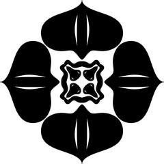 Padrão silhueta preta com quatro folhas lanceoladas em cruz, vetor natural abstrato. Perfeito para decorações botânicas e designs eco. Linhas orgânicas nítidas.