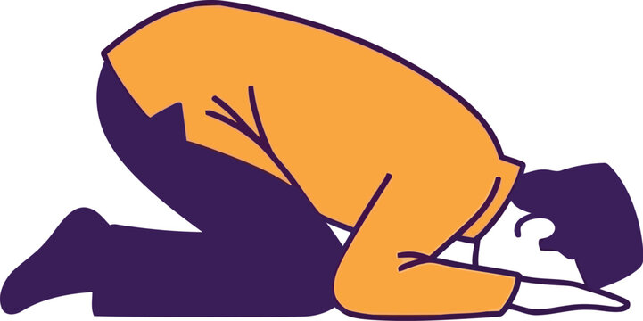 Vector illustration of man praying in sujud position, Islamic prayer, flat style