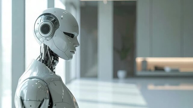 Advanced humanoid robot in modern office setting representing artificial intelligence