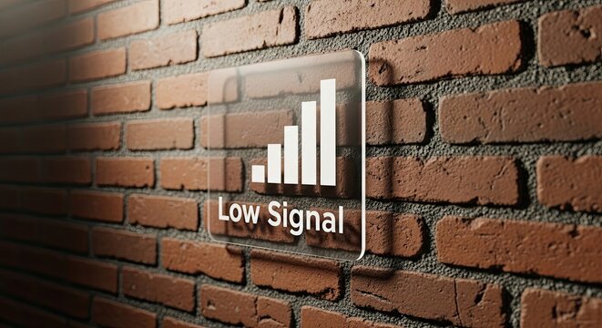 Low signal indicator on a brick wall with a white graph symbol warning of weak communication or internet connectivity
