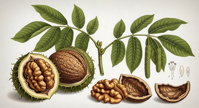 Illustration of Pecan Nuts and Leaves.