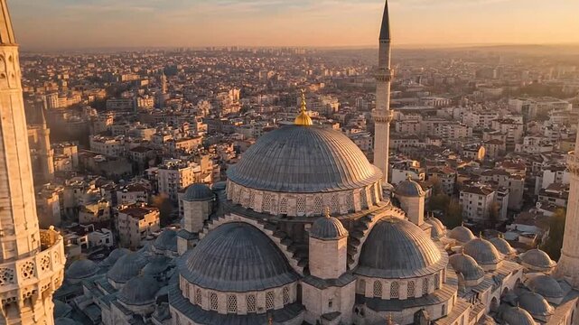 Aerial view of a grand mosque with minarets bathed in golden sunset light over an ancient city.