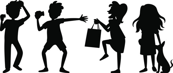 Teenager and child silhouettes in playful poses isolated on white background, kids activities collection including camera, shopping bag and pet for lifestyle design