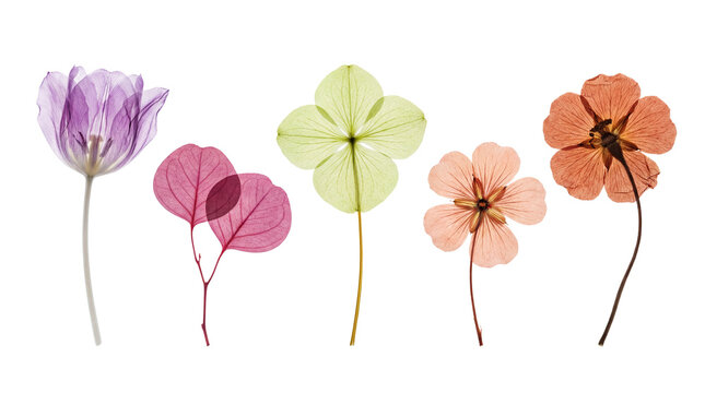 Five pressed, translucent, colorful dried flowers and leaves isolated PNG with Transparent Background