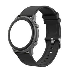 A black smartwatch with a rubber strap on a white background isolated on transparent background