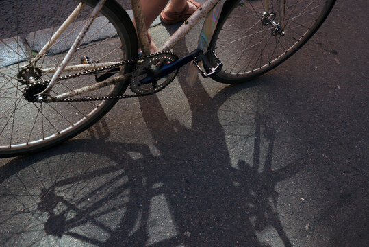 Bicycle wheel casting shadows on the pavement during golden hour
