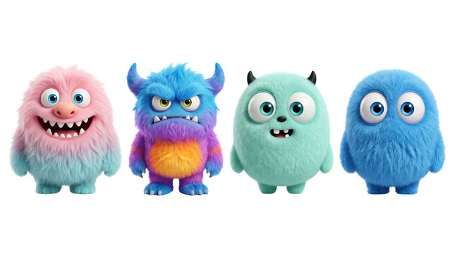 Four fluffy colorful cartoon monster characters with different expressions and designs isolated PNG with Transparent Background