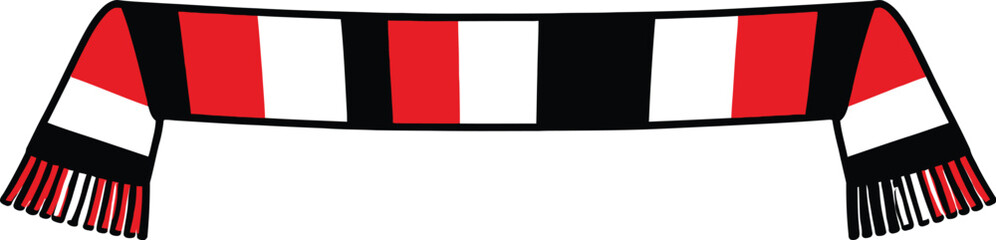 Red, black, and white striped football fan scarf with fringe ends