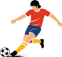 Fototapeta premium Male soccer player in red shirt and blue shorts kicking a black and white football, isolated vector illustration.