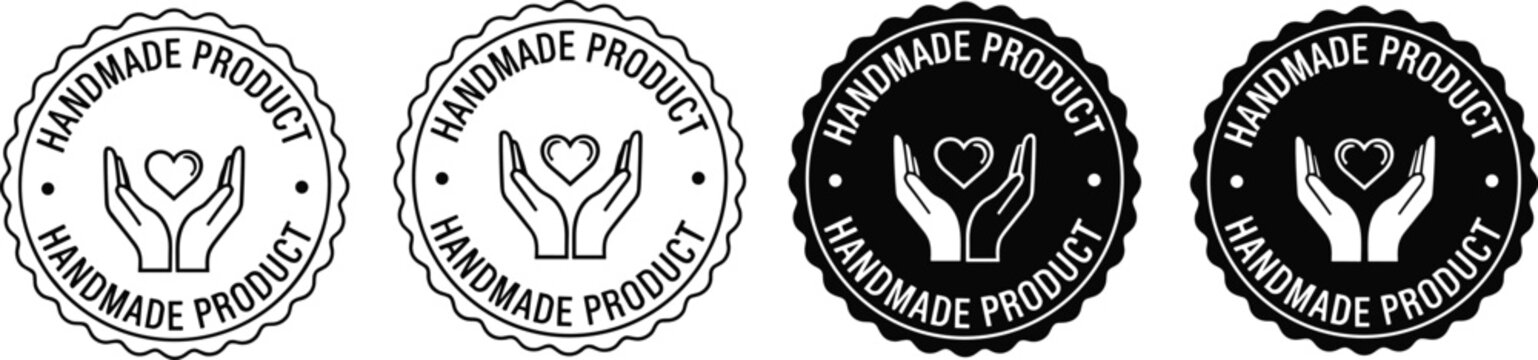 Handmade product badge icon set with hand and heart symbol representing craft business artisan label handmade branding and boutique packaging design elements