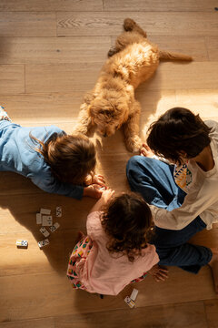 Children Playing with Dog in Warm Natural Light