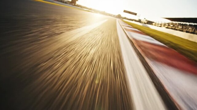 Fast-paced racing track with blurred motion effect conveying high speed and intense racing competition on automobile track.